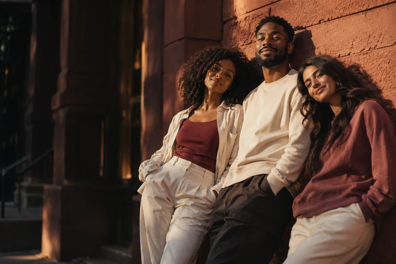 Three friends leaning against a wall, laughing