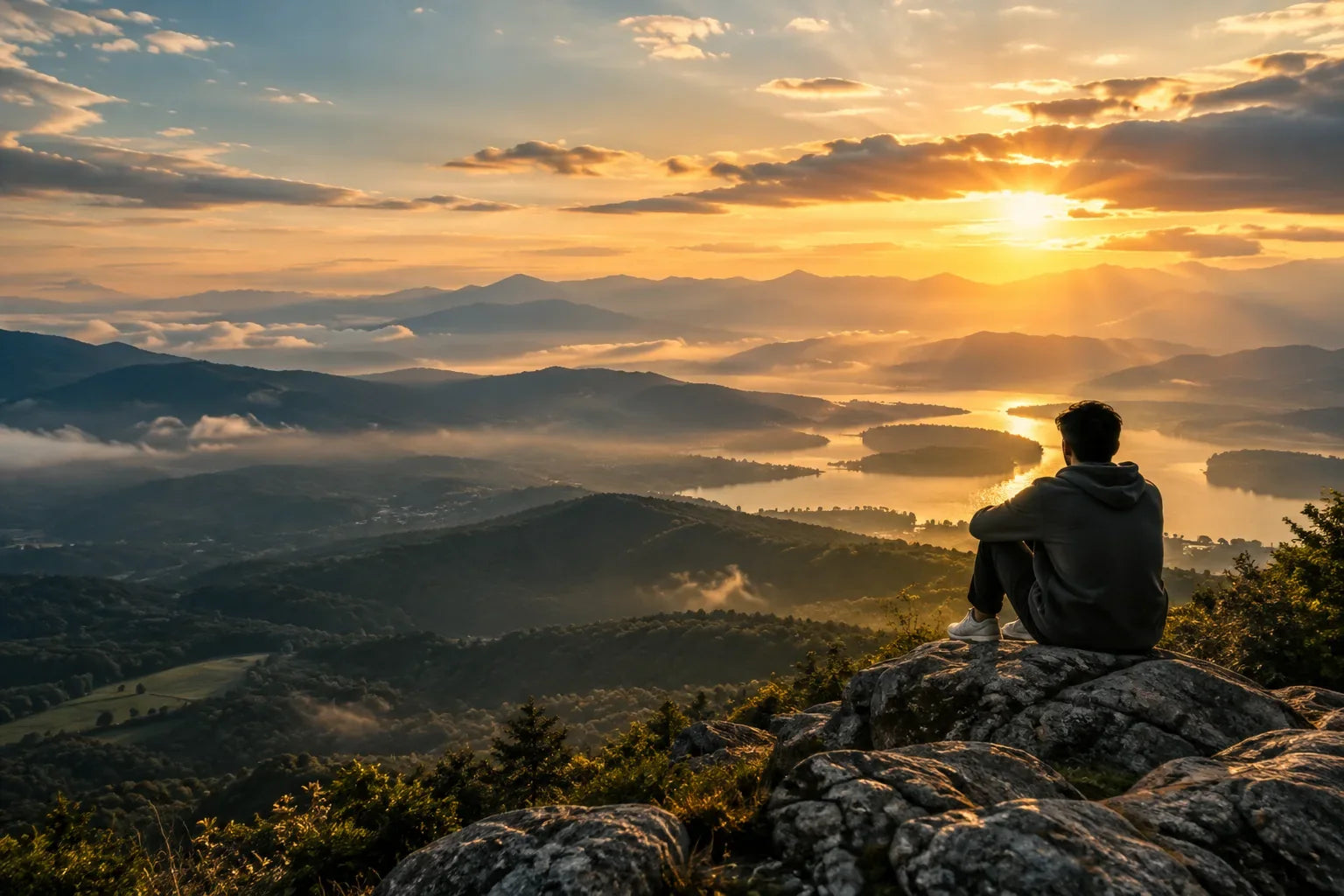 A person sitting on a rock above a valley at sunrise