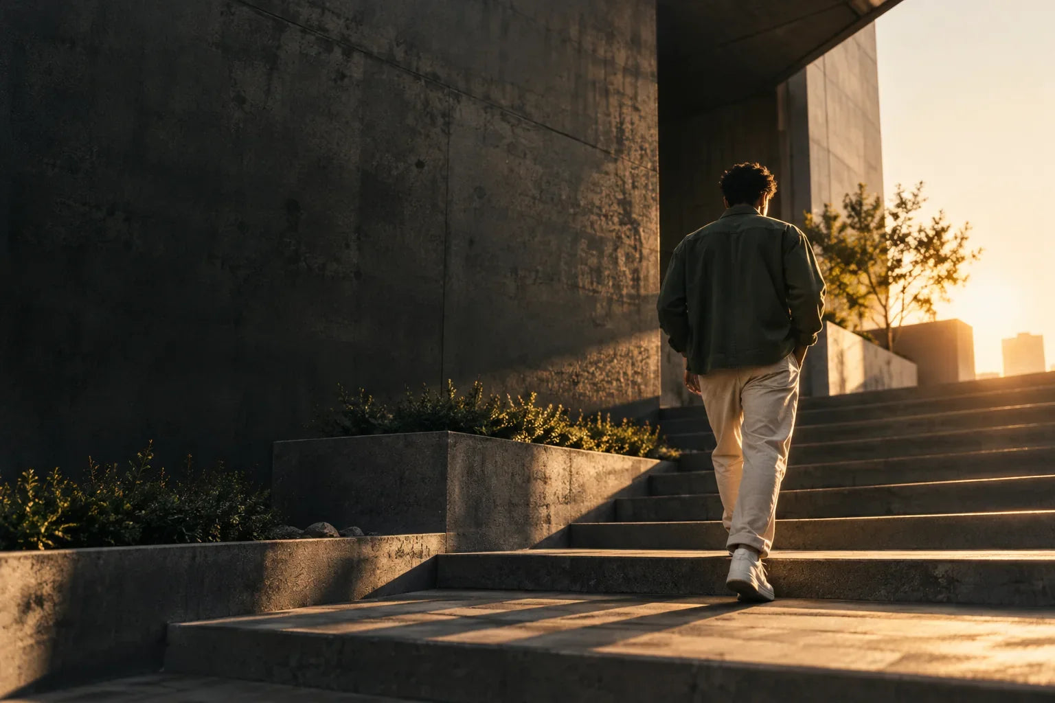 A man walking up concrete steps in warm evening light