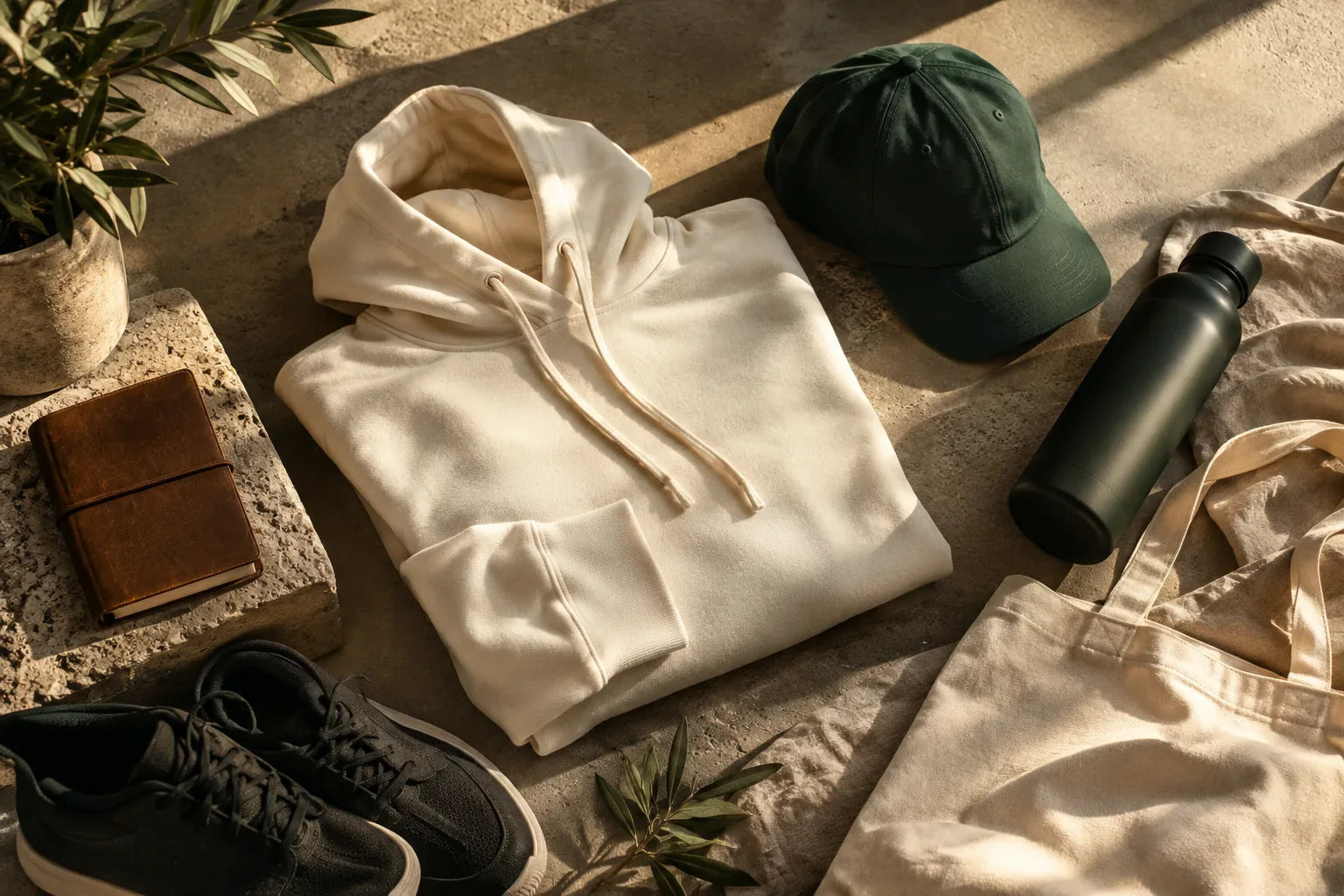 A cream hoodie, green cap and water bottle laid out on stone