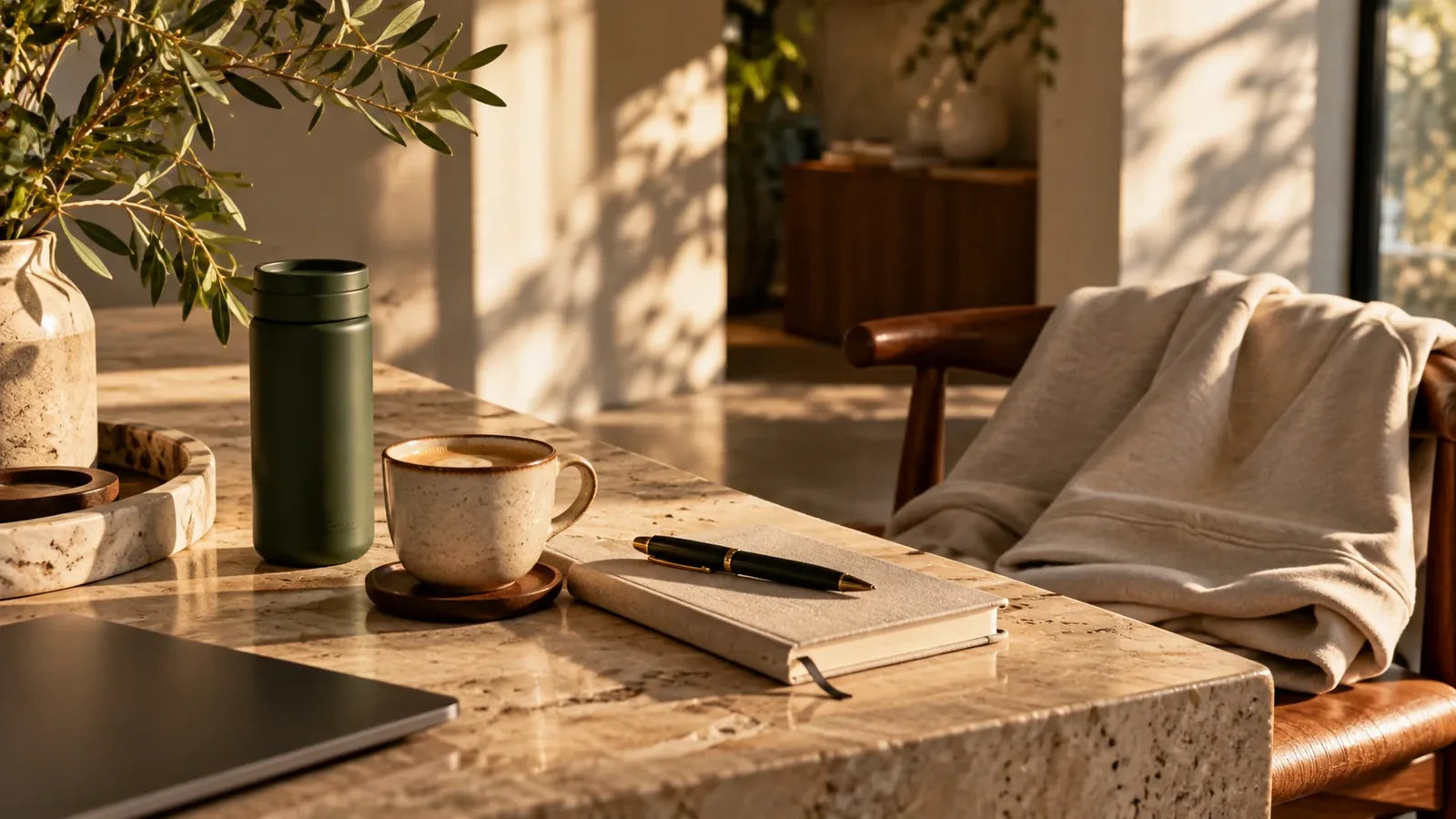 Coffee and a notebook on a desk in morning light