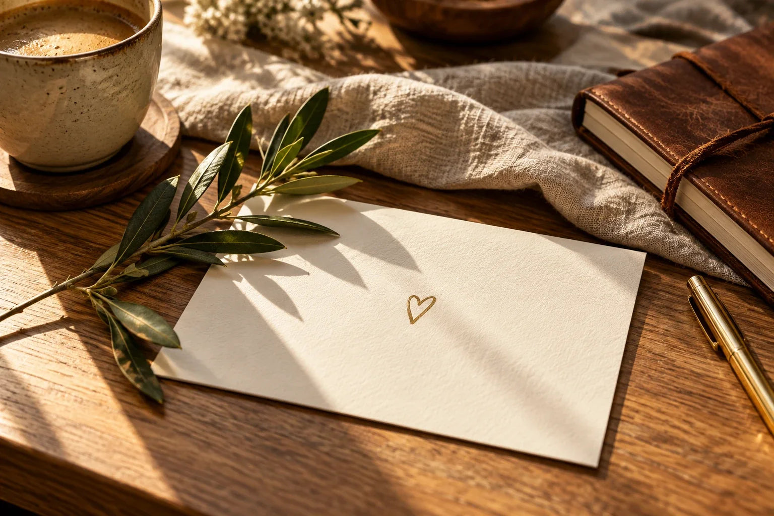 A handwritten note with a small heart beside a journal and coffee