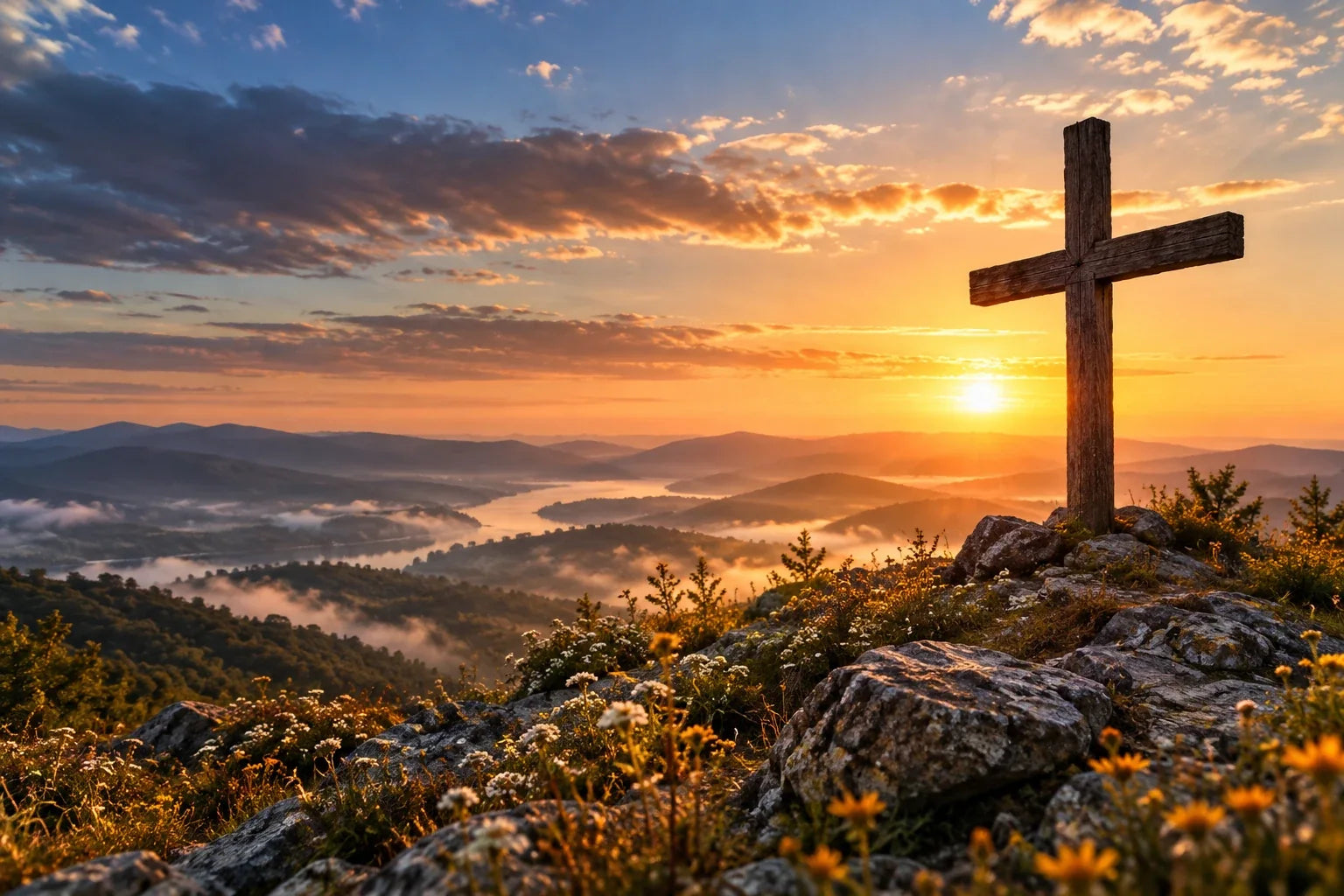 A wooden cross on a hilltop at sunset