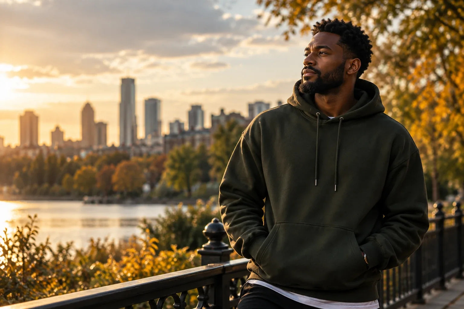 A man in a dark green hoodie in front of a city skyline