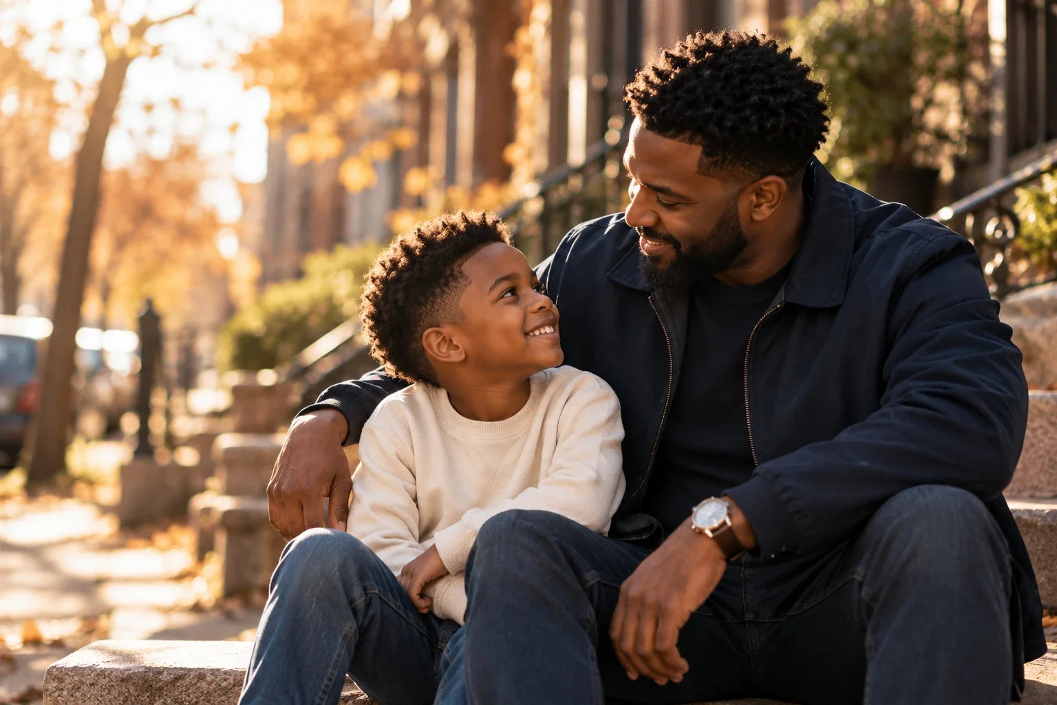 A father and son smiling at each other on steps