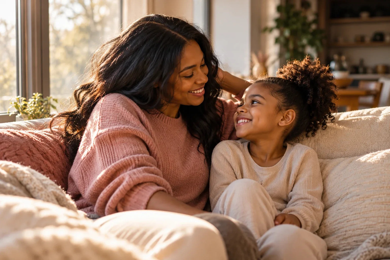 A mother and daughter laughing together on a sofa