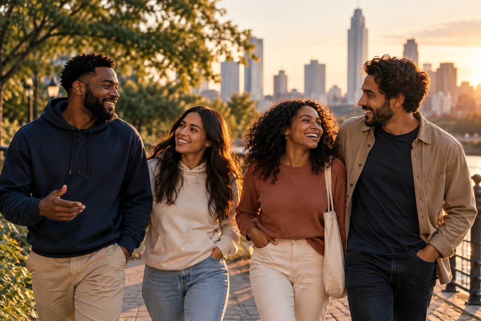 Friends walking together through the city at golden hour